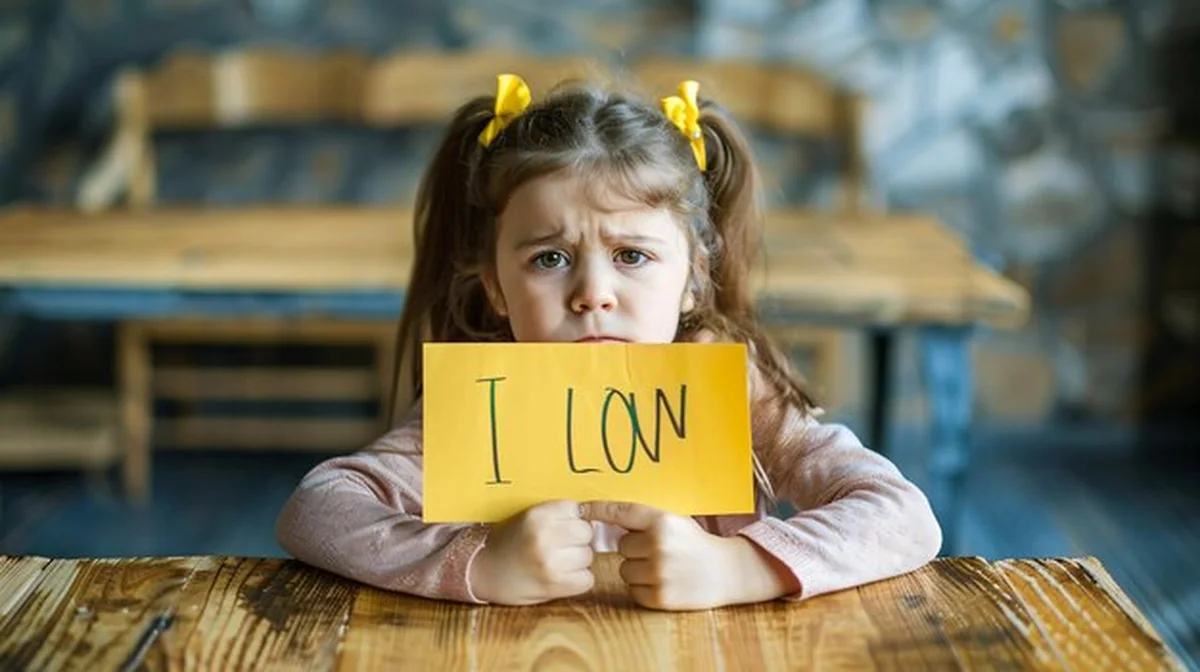 Mała dziewczynka trzyma żółty znak z napisem 