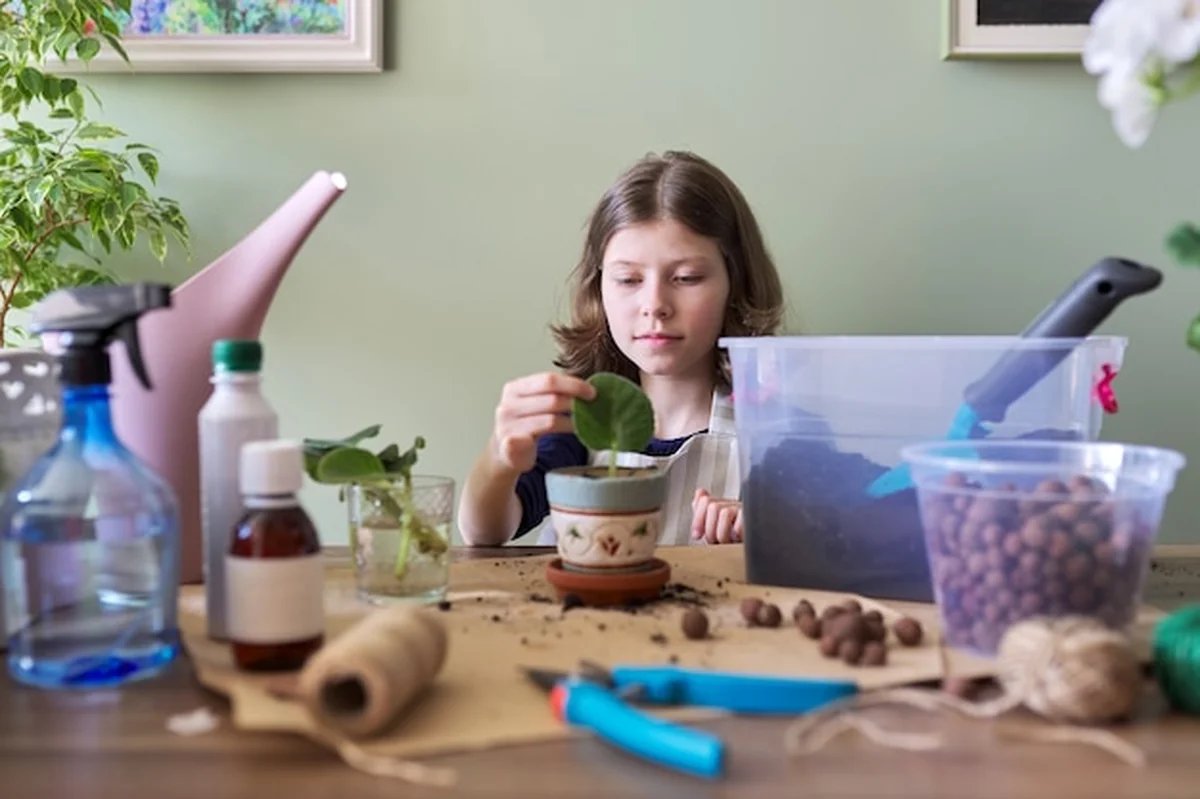 Dziewczynka sadzi roślinę saintpaulia w doniczce. Używa szpatułki i konewki. Pielęgnacja rośliny doniczkowej