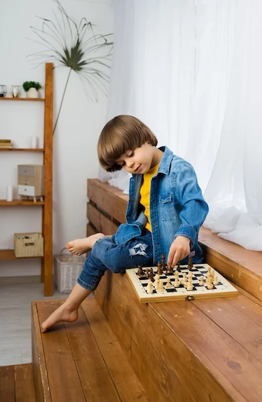 Inteligentny chłopiec gra w szachy na szachownicy
