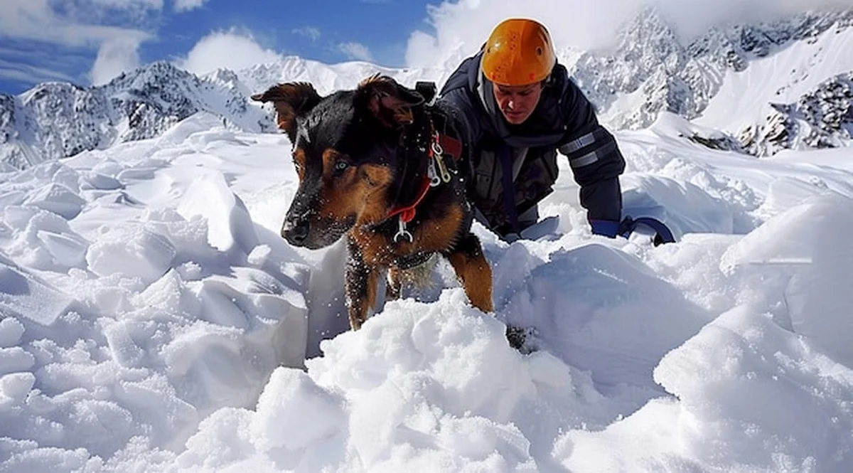 Psy ratownicze szukają zaginionych po lawinie w górach