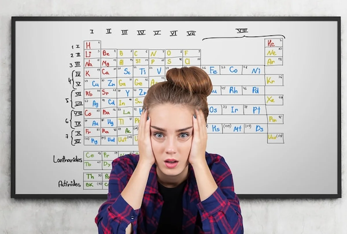 Zestresowana nastolatka w kraciastej koszuli obok tablicy z układem Mendelejewa