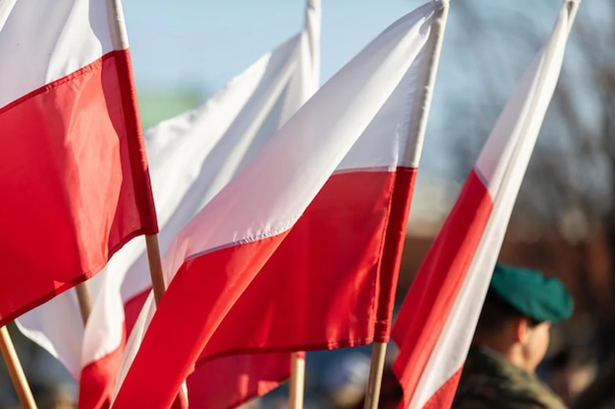 Żołnierz w mundurze z beretem, z polskimi flagami