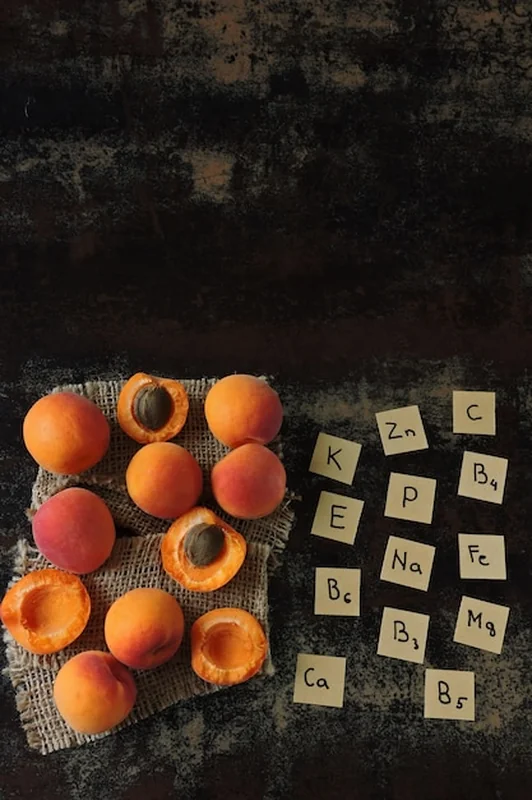 Świeże morele i napisy o witaminach i mikroelementach