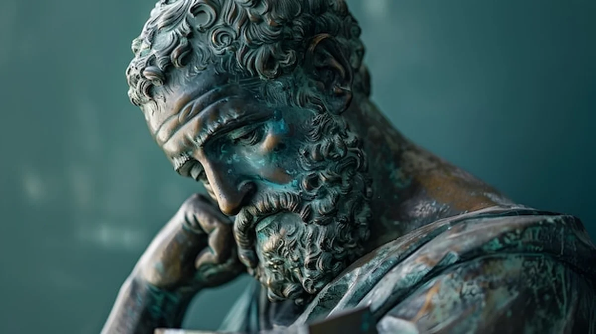 Brązowy posąg starożytnego Greka na drewnianej tablicy