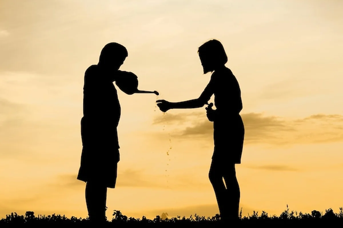 Silhueta dziewczyny i brata podlewającego roślinę na tle zachodu słońca